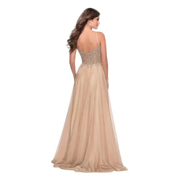 La Femme Nude Floral Appliqué Chiffon Evening Gown Maxi Dress Size 14 NWT